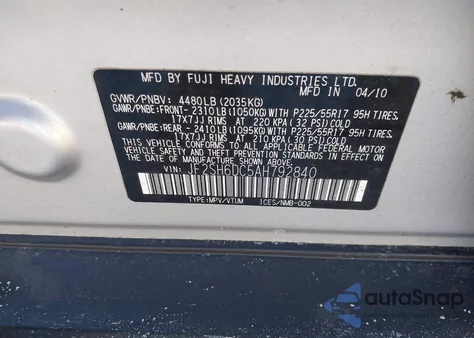 2010 Subaru Forester 2.5X Limited from USA, damaged, VIN JF2SH6DC5AH792840